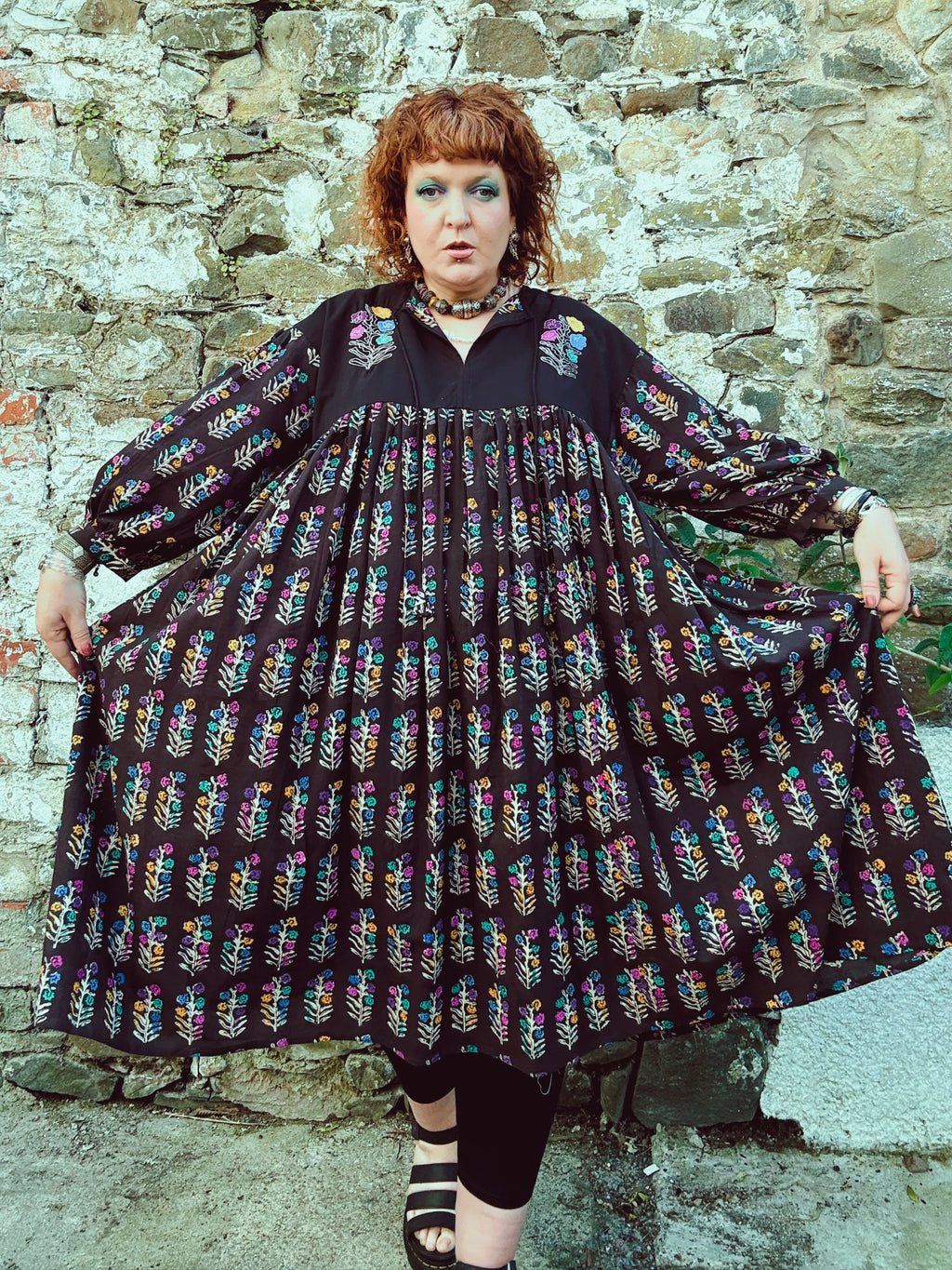 Dopamine Queen Block Print & Embroidered Smock Dress