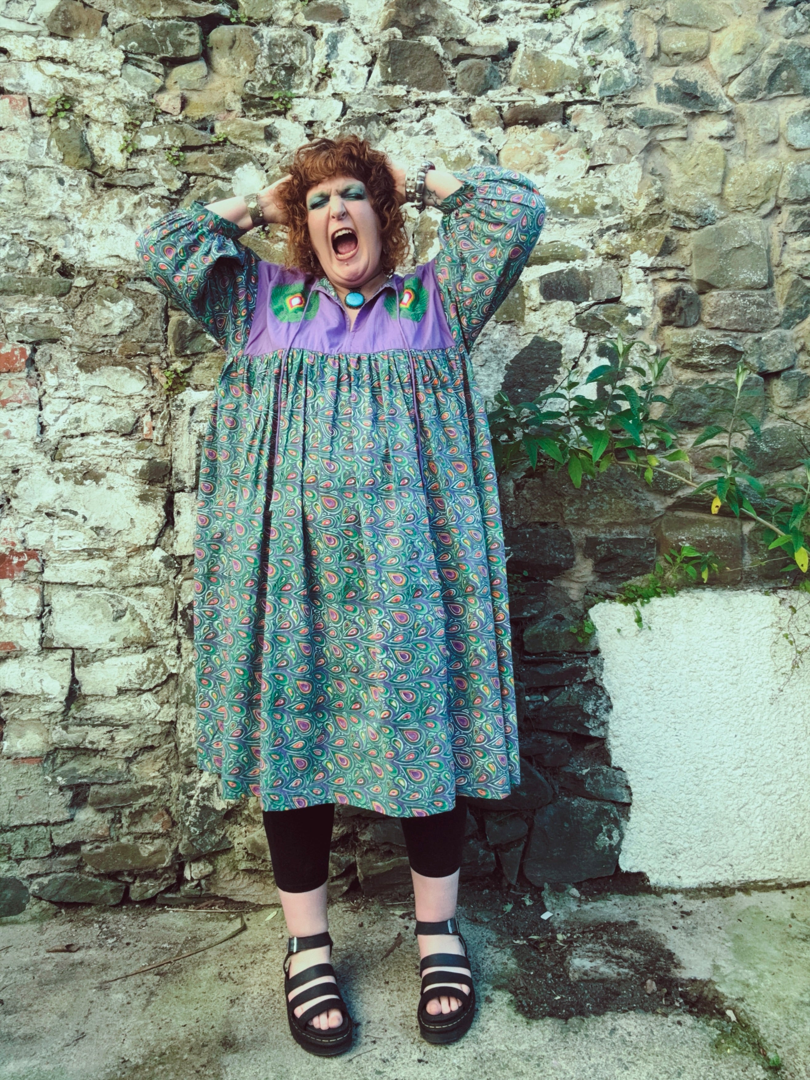 Peacock Maiden Block Print & EmbroideredSmock Dress