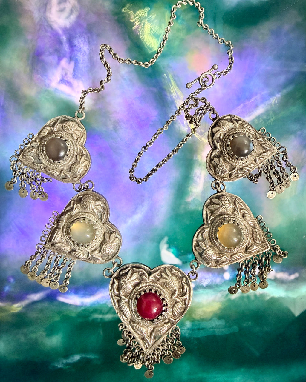 Vintage Turkmen Silver Heart Tribal Asyk Statement Necklace