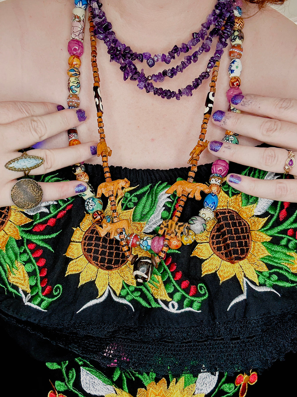 Vibrant HandPainted Ceramic & Wood Bead Statement Necklace