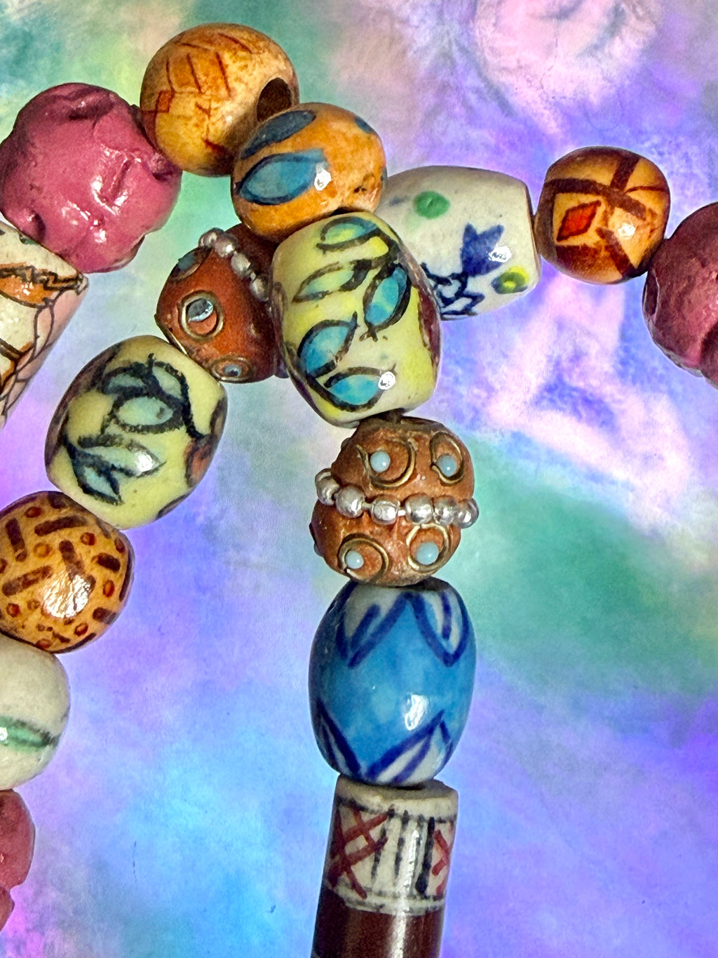 Vibrant HandPainted Ceramic & Wood Bead Statement Necklace