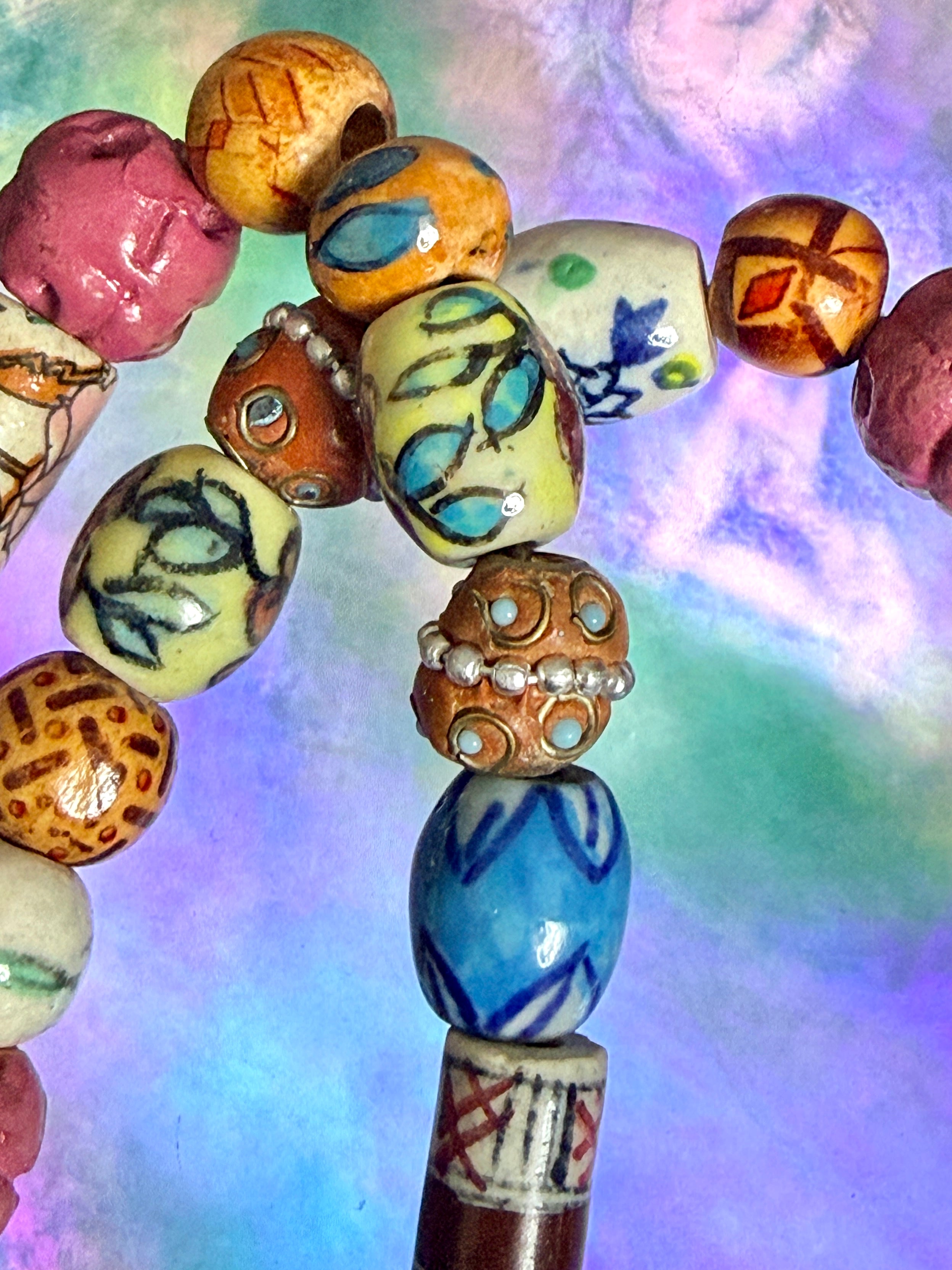 Vibrant HandPainted Ceramic & Wood Bead Statement Necklace