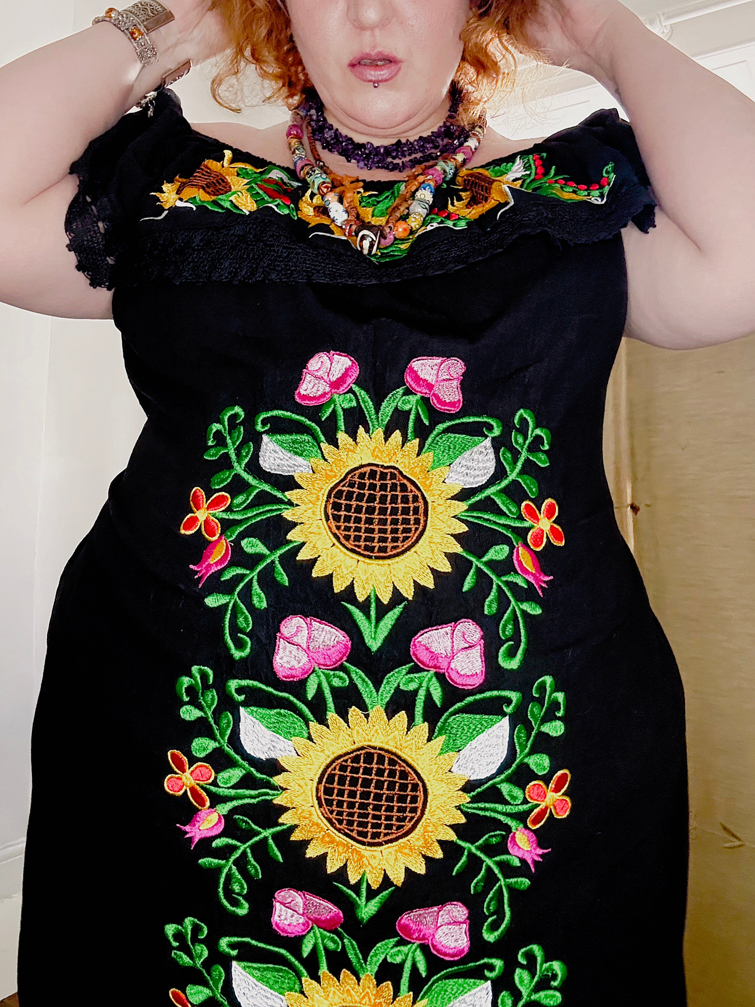 Vintage Sunflower Embroidered Mexican Dress