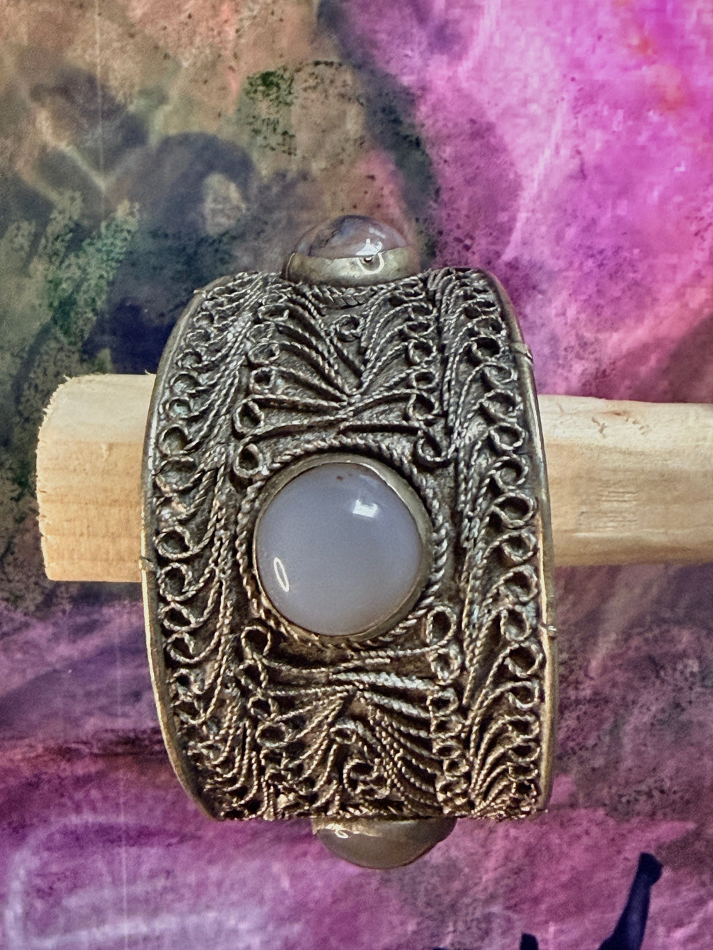 Vintage Yemeni Filigree Cuff Bracelet with Agate Stones