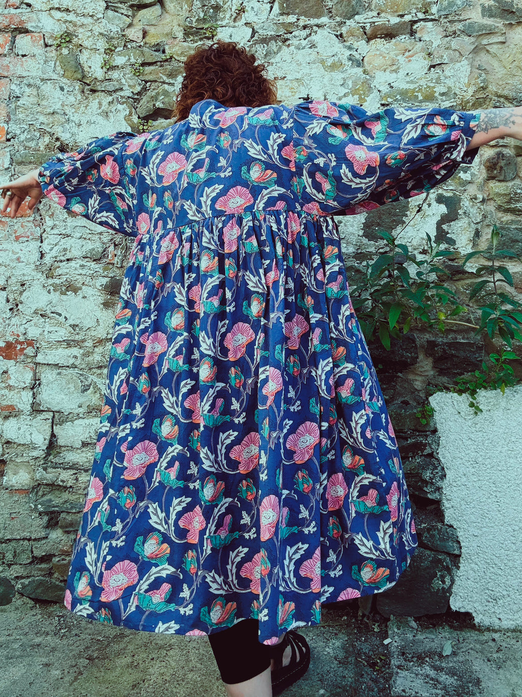Flora Morphic Block Print & Embroidered Smock Dress