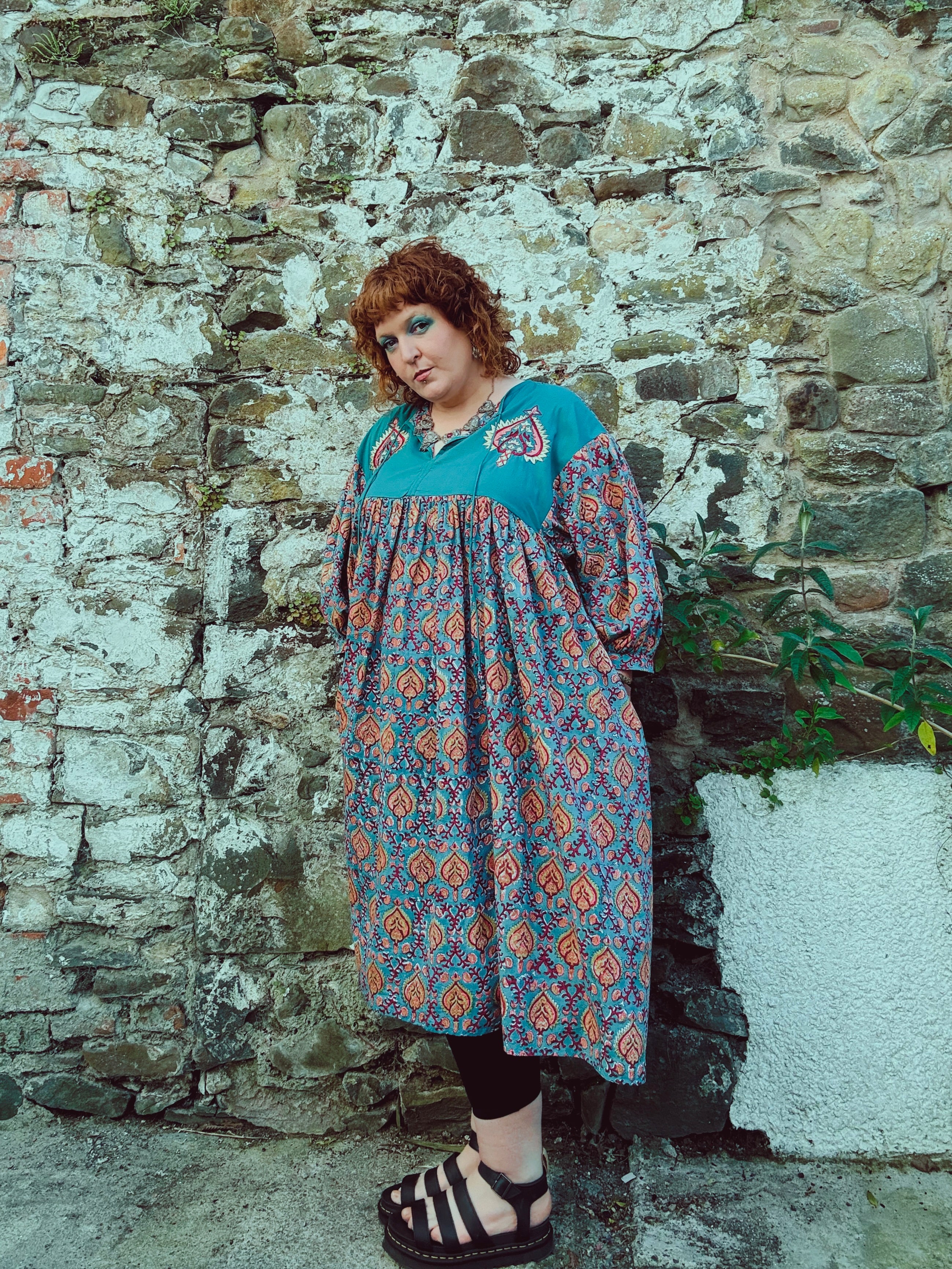 Heart Crafter Block Print & Embroidered Smock Dress