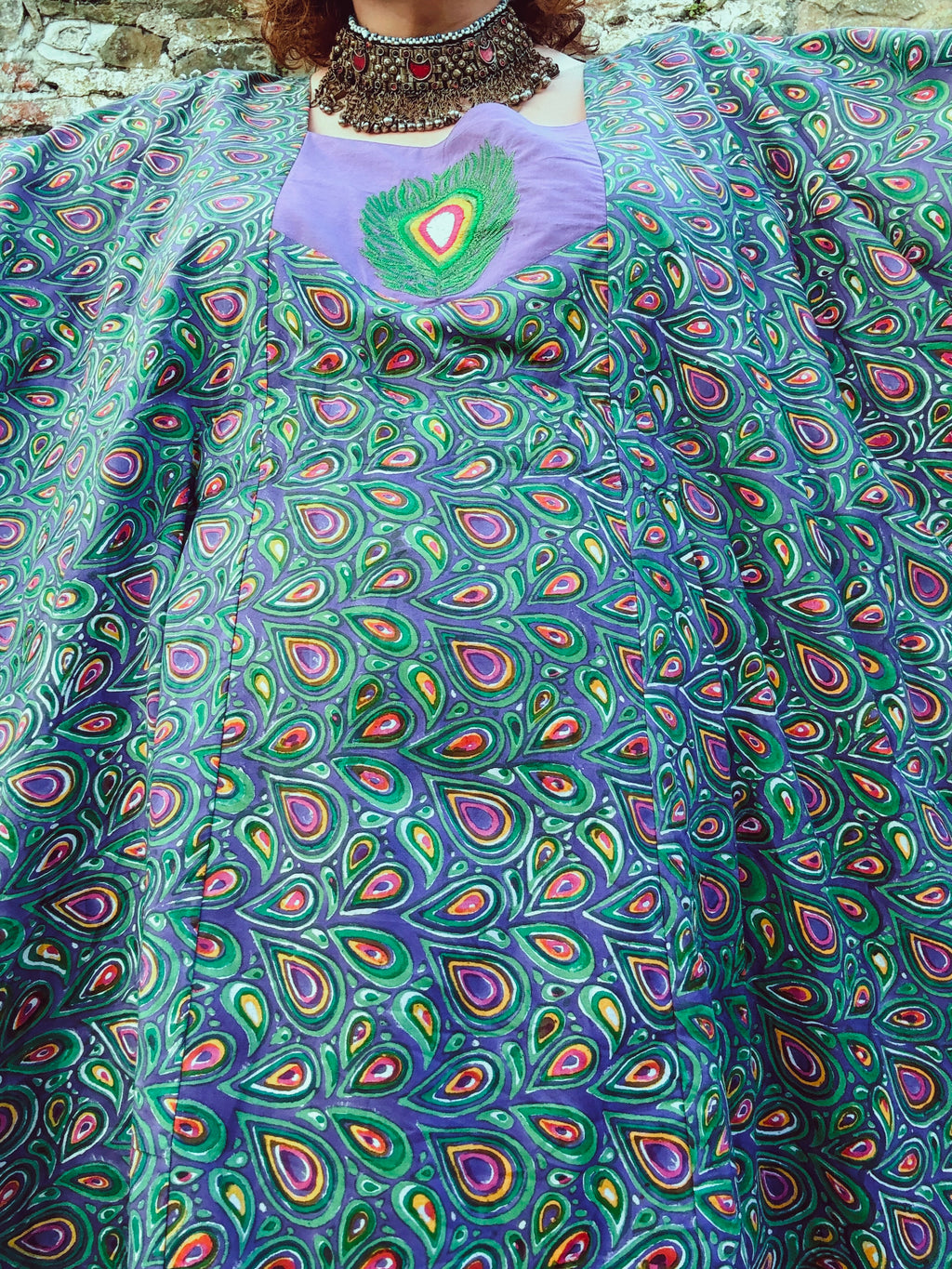 Peacock Maiden Block Print & Embroidered Kaftan