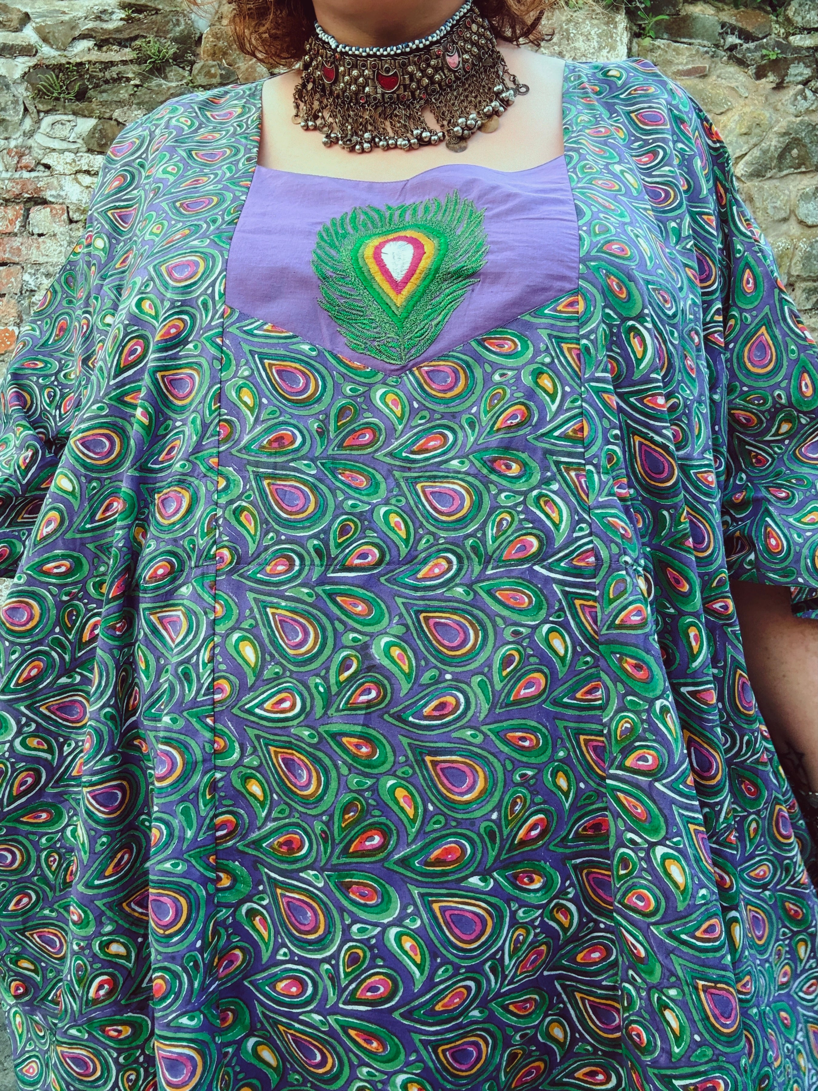 Peacock Maiden Block Print & Embroidered Kaftan