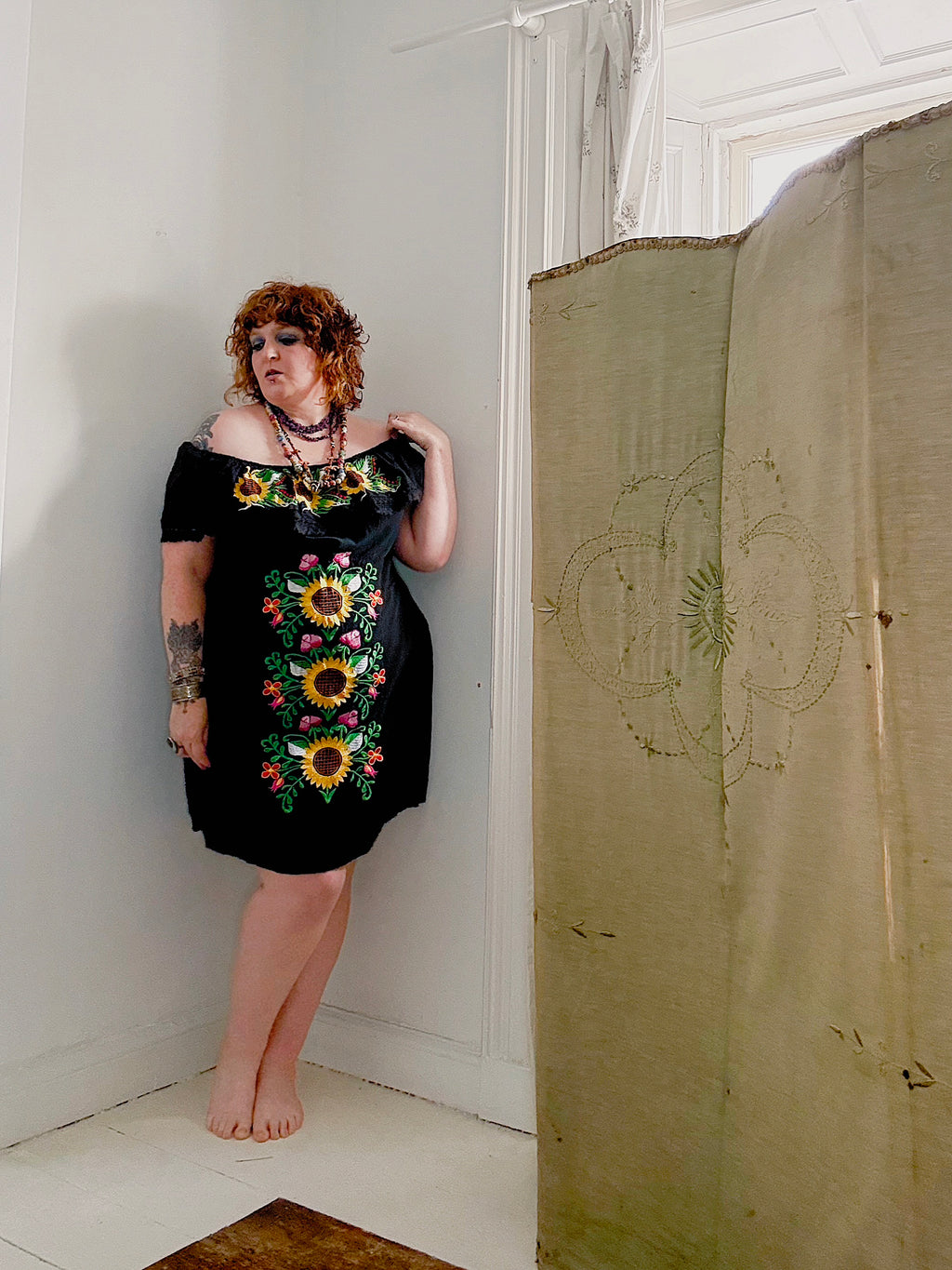 Vintage Sunflower Embroidered Mexican Dress