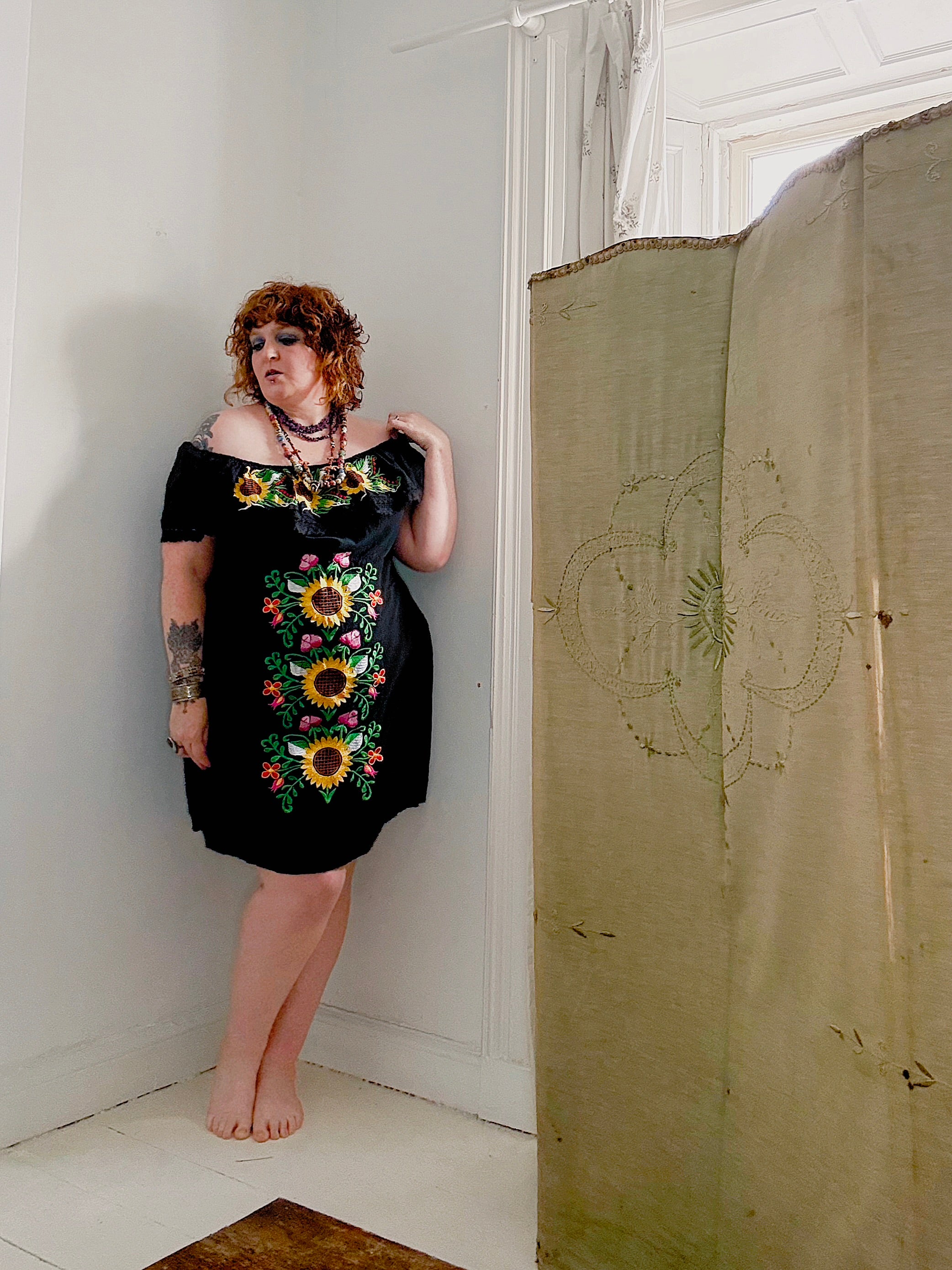 Vintage Sunflower Embroidered Mexican Dress