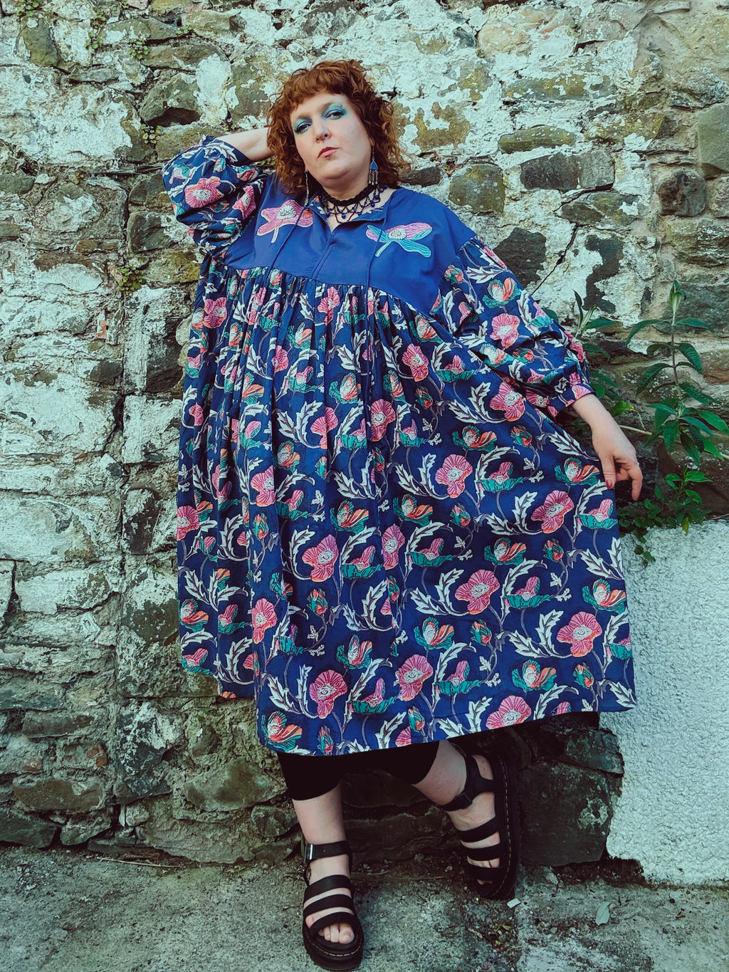 Flora Morphic Block Print & Embroidered Smock Dress