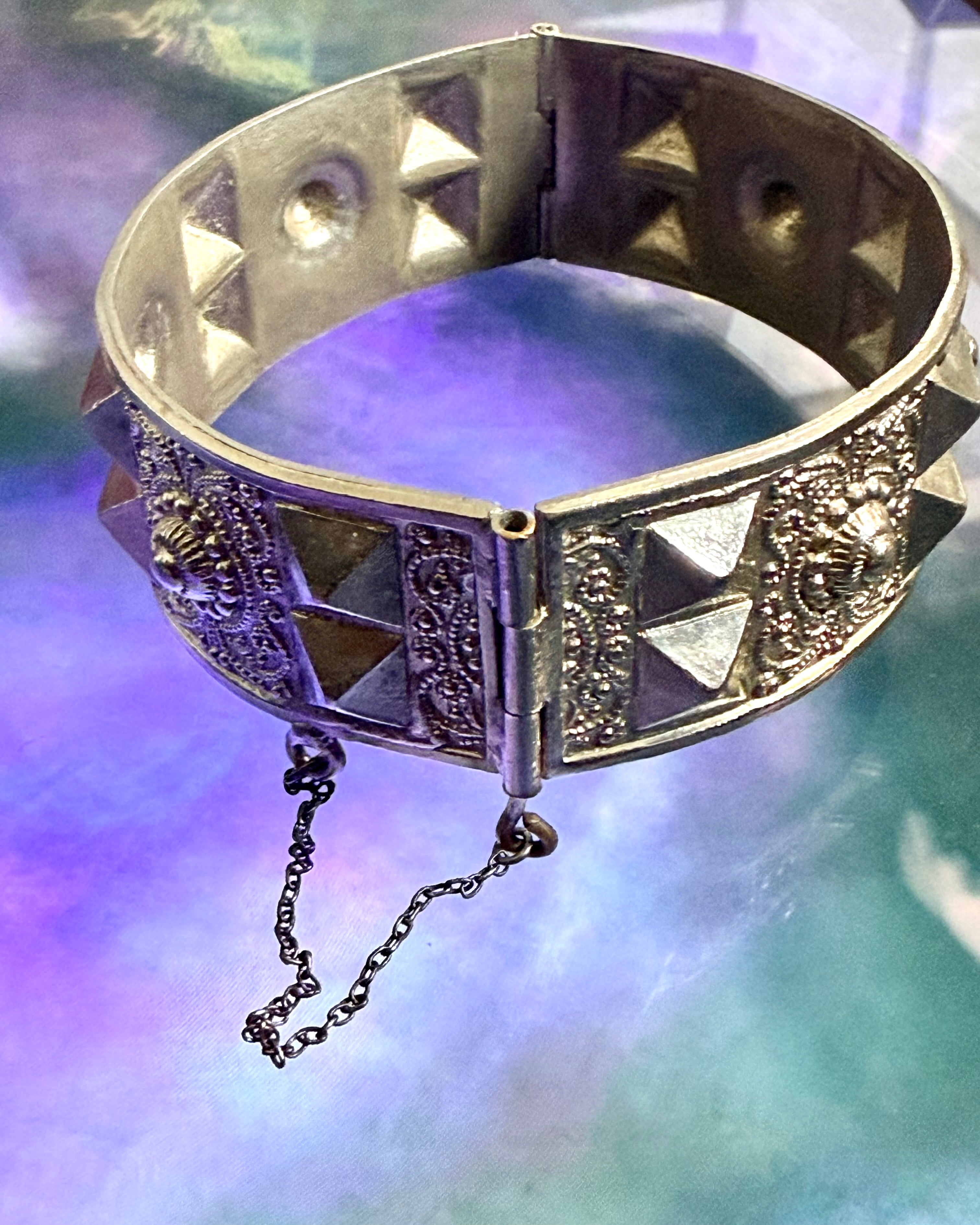 Vintage Ornate Silver Metal Panel Cuff Bracelet