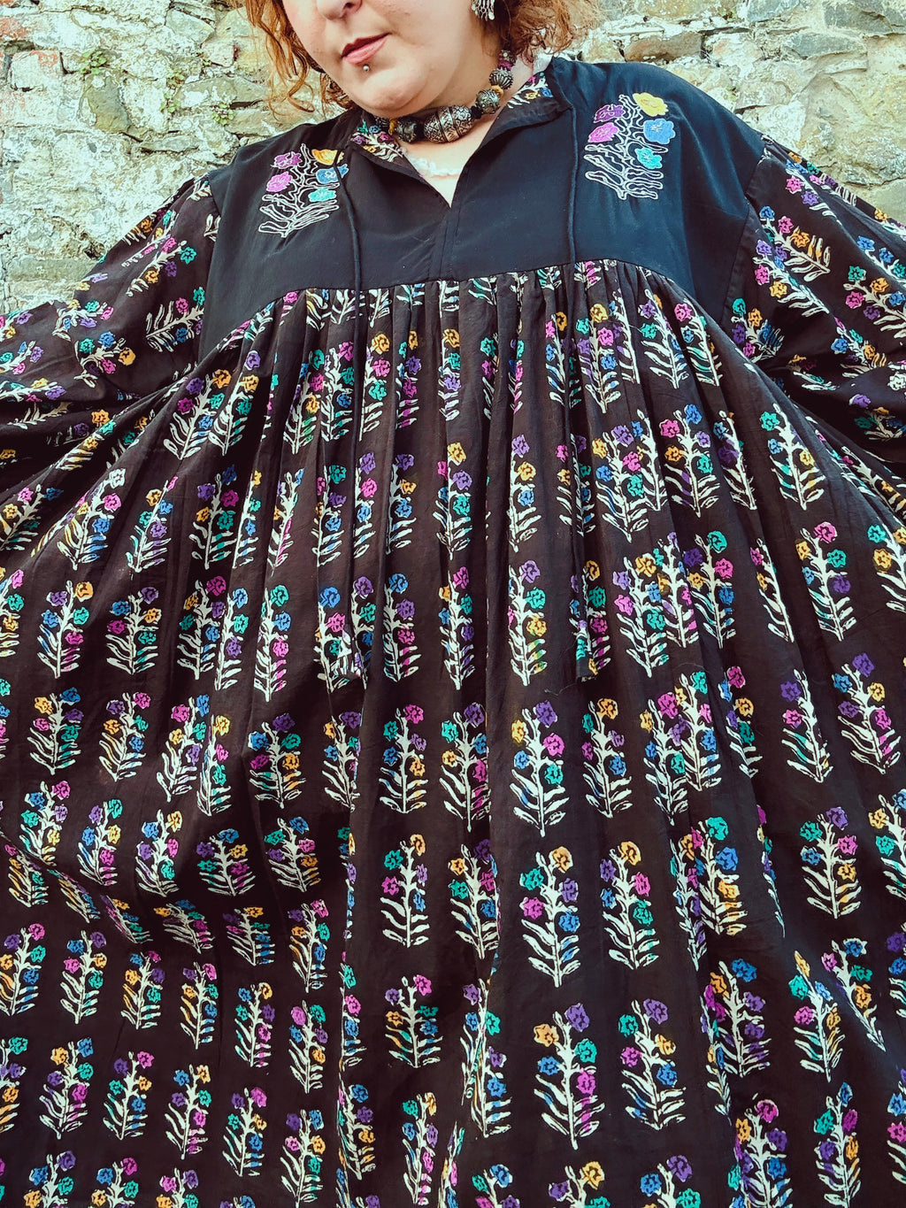 Dopamine Queen Block Print & Embroidered Smock Dress