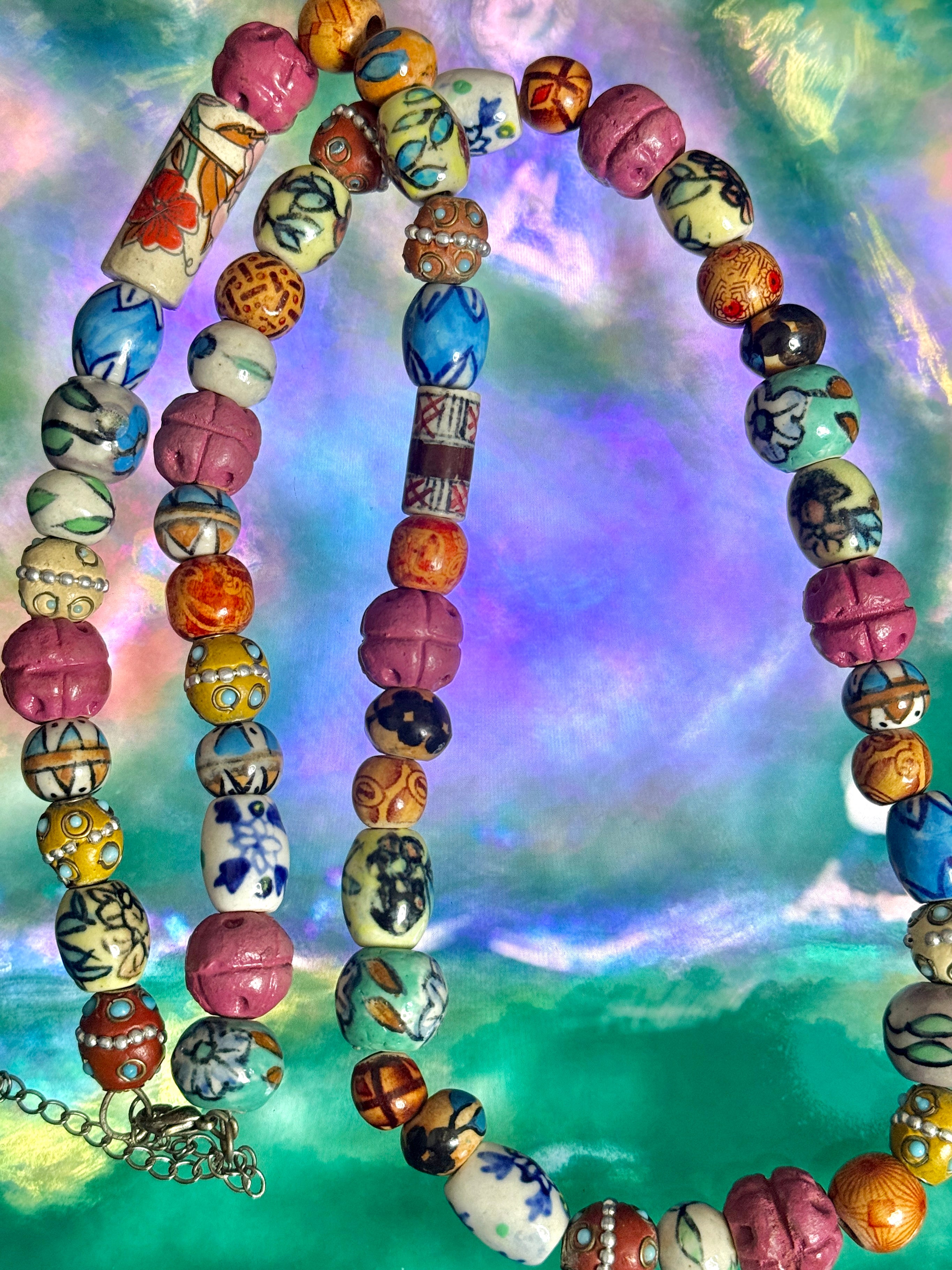 Vibrant HandPainted Ceramic & Wood Bead Statement Necklace