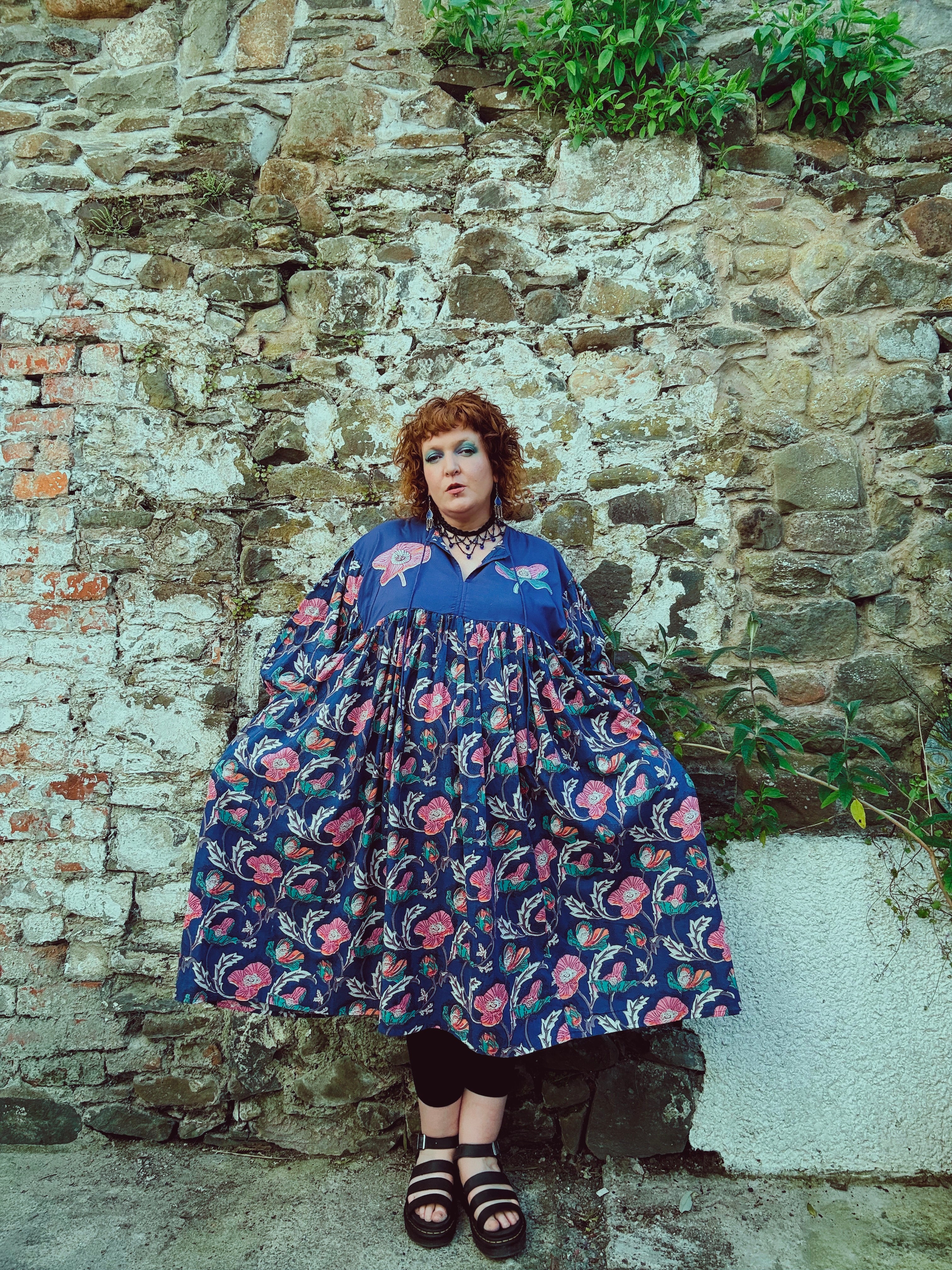 Flora Morphic Block Print & Embroidered Smock Dress