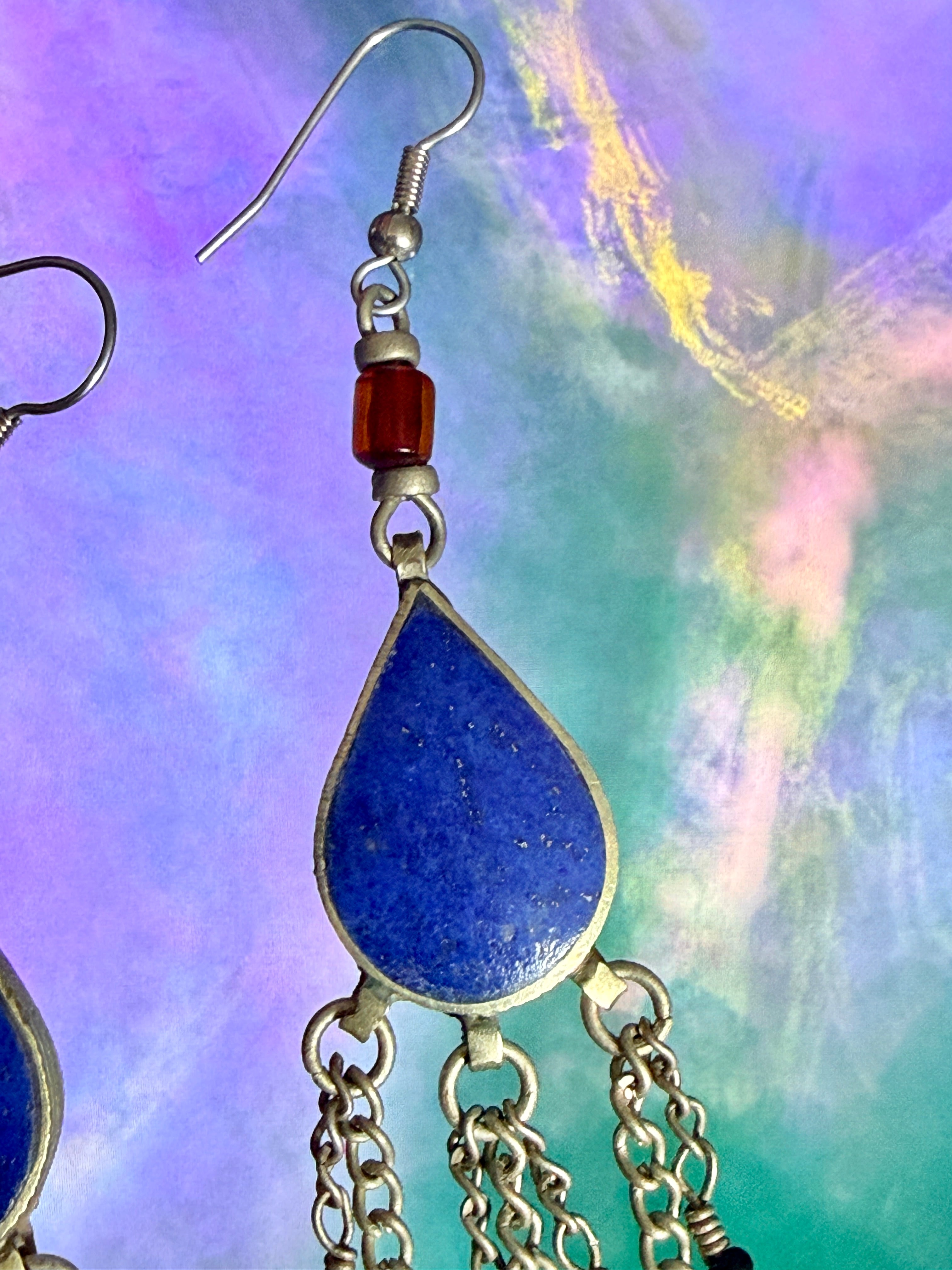 Vintage Tribal Lapis Lazuli Teardrop Earrings