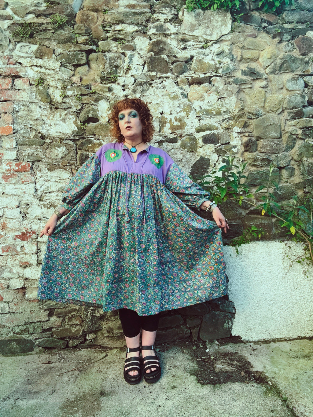 Peacock Maiden Block Print & EmbroideredSmock Dress