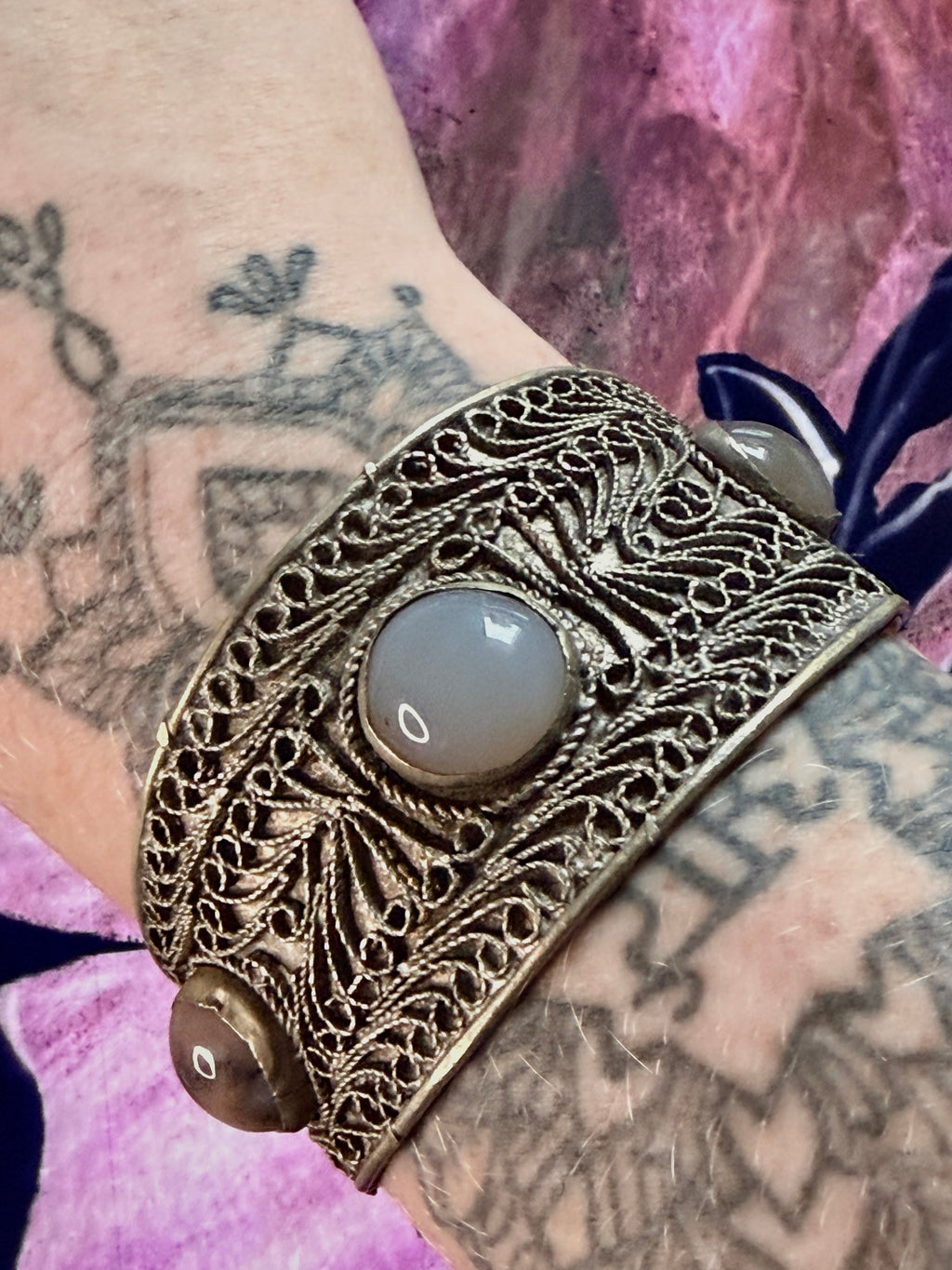 Vintage Yemeni Filigree Cuff Bracelet with Agate Stones