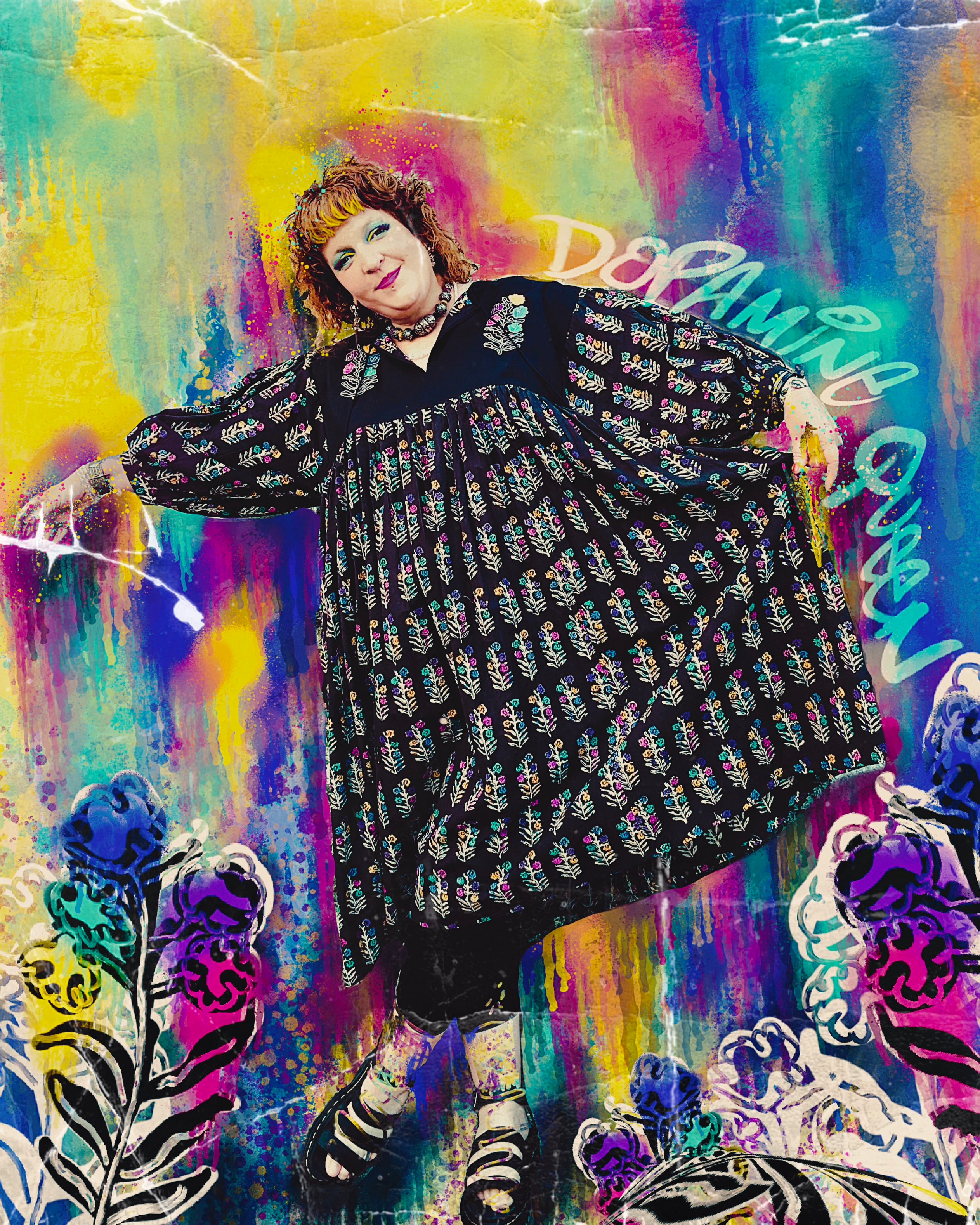 Dopamine Queen Block Print & Embroidered Smock Dress