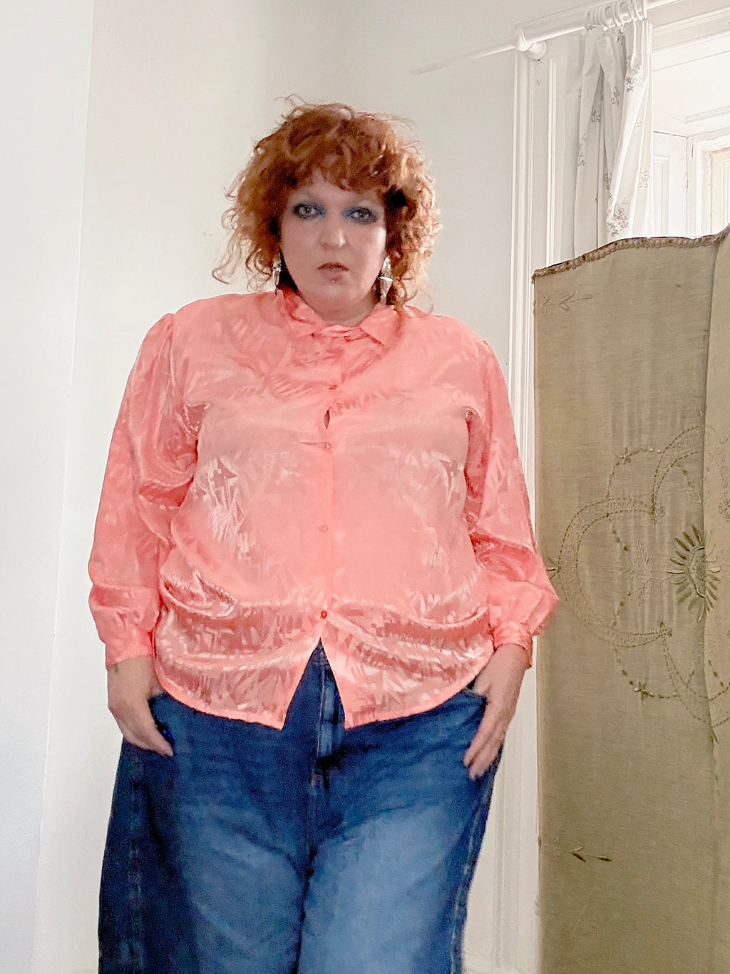 80’s satin peach blouse