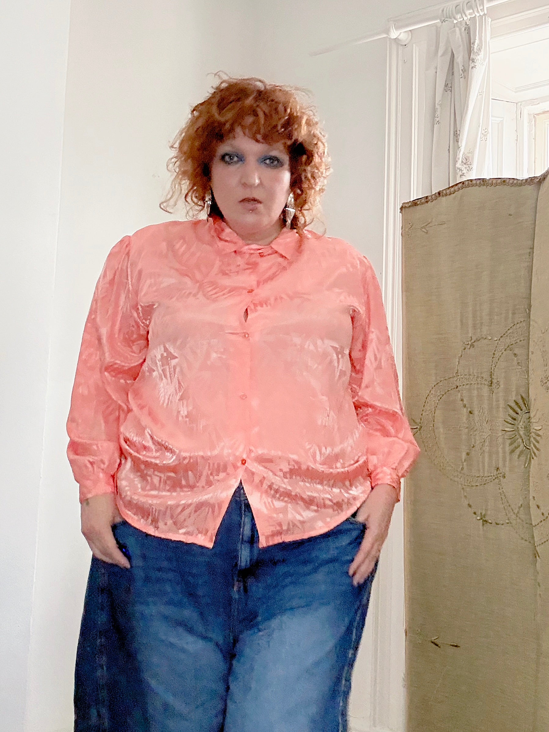 80’s satin peach blouse