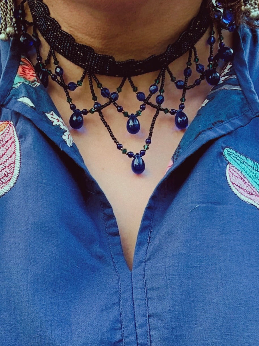 Vintage Handwoven Beadwork Statement Collar Teardrop Necklace