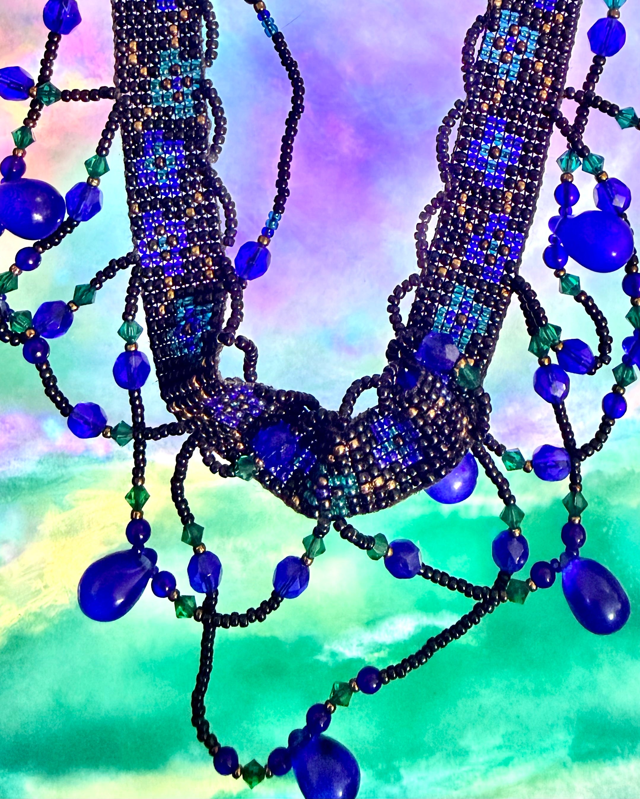 Vintage Handwoven Beadwork Statement Collar Teardrop Necklace