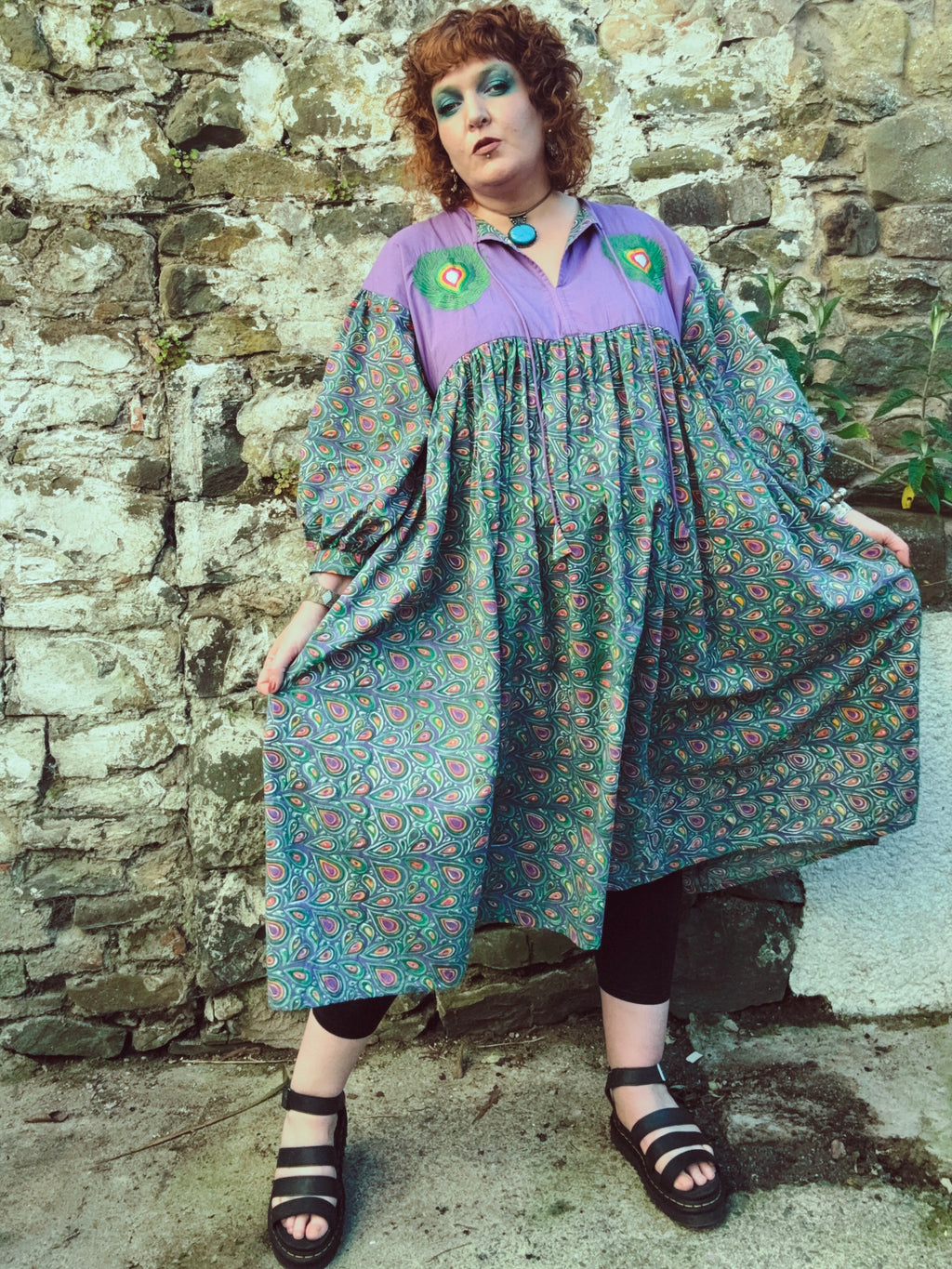 Peacock Maiden Block Print & EmbroideredSmock Dress