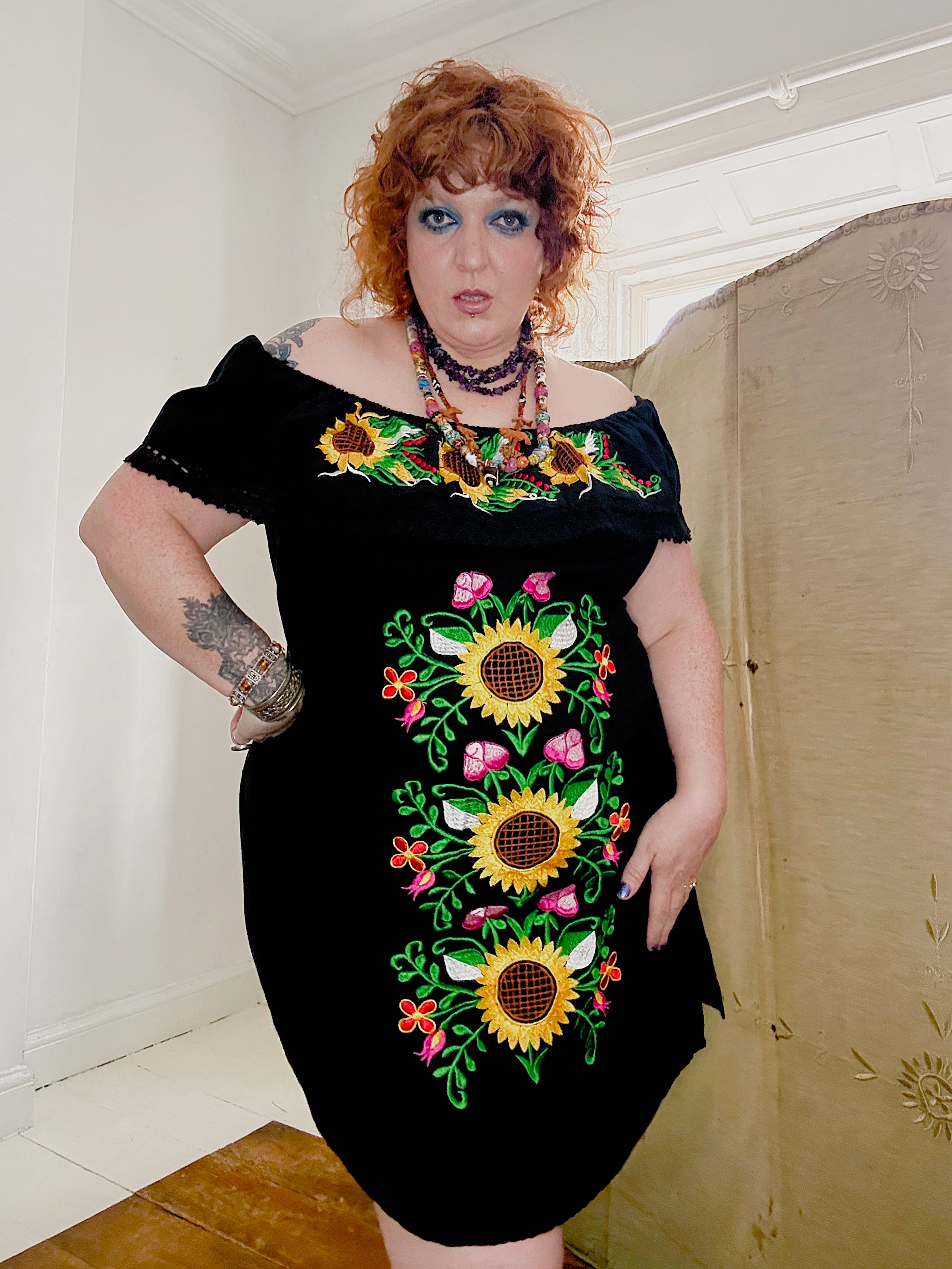 Vintage Sunflower Embroidered Mexican Dress