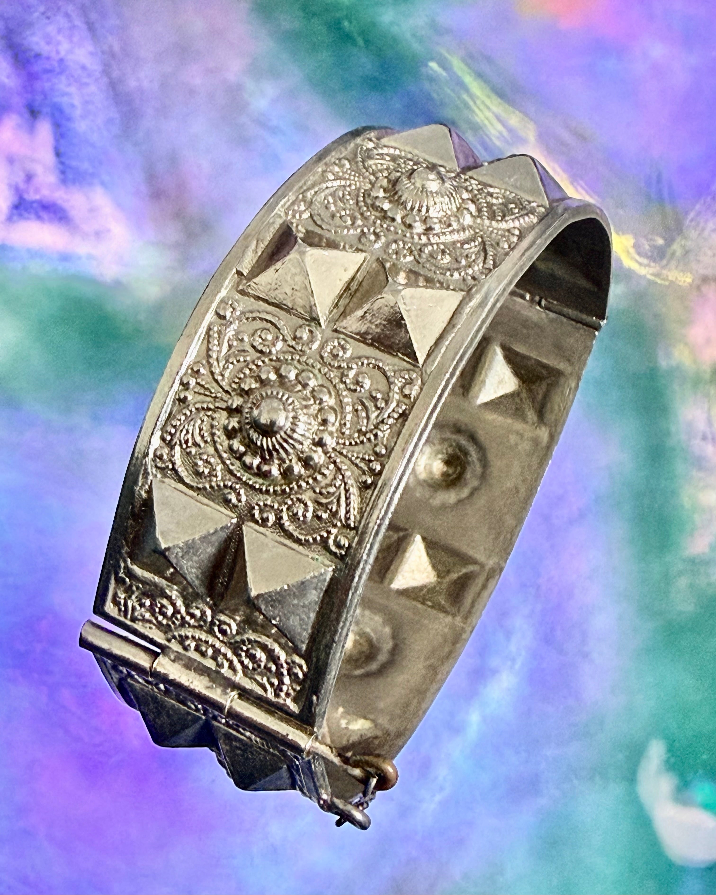 Vintage Ornate Silver Metal Panel Cuff Bracelet