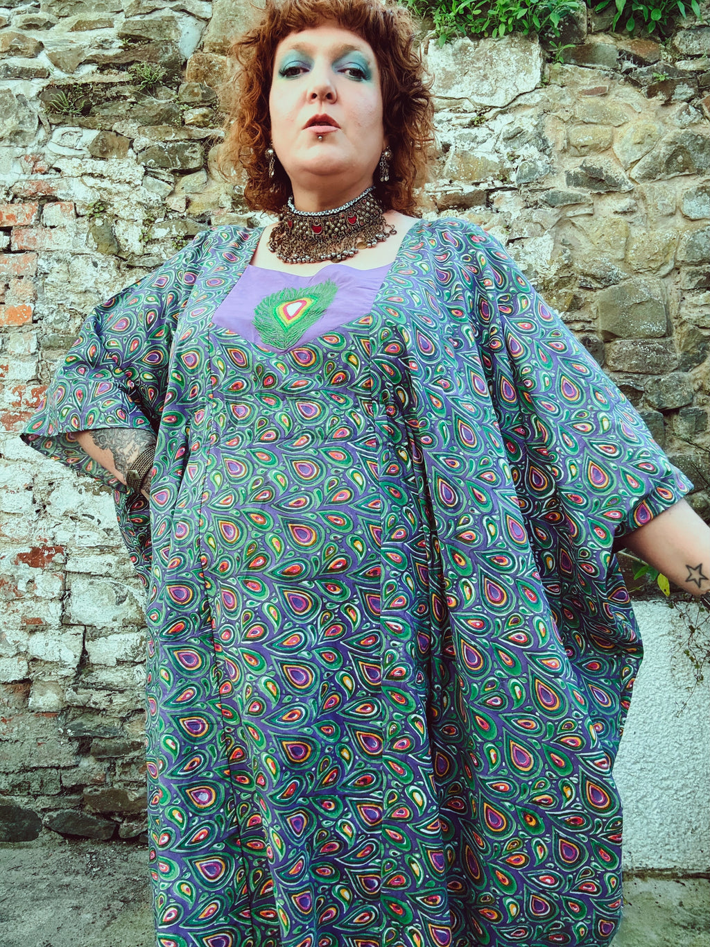 Peacock Maiden Block Print & Embroidered Kaftan