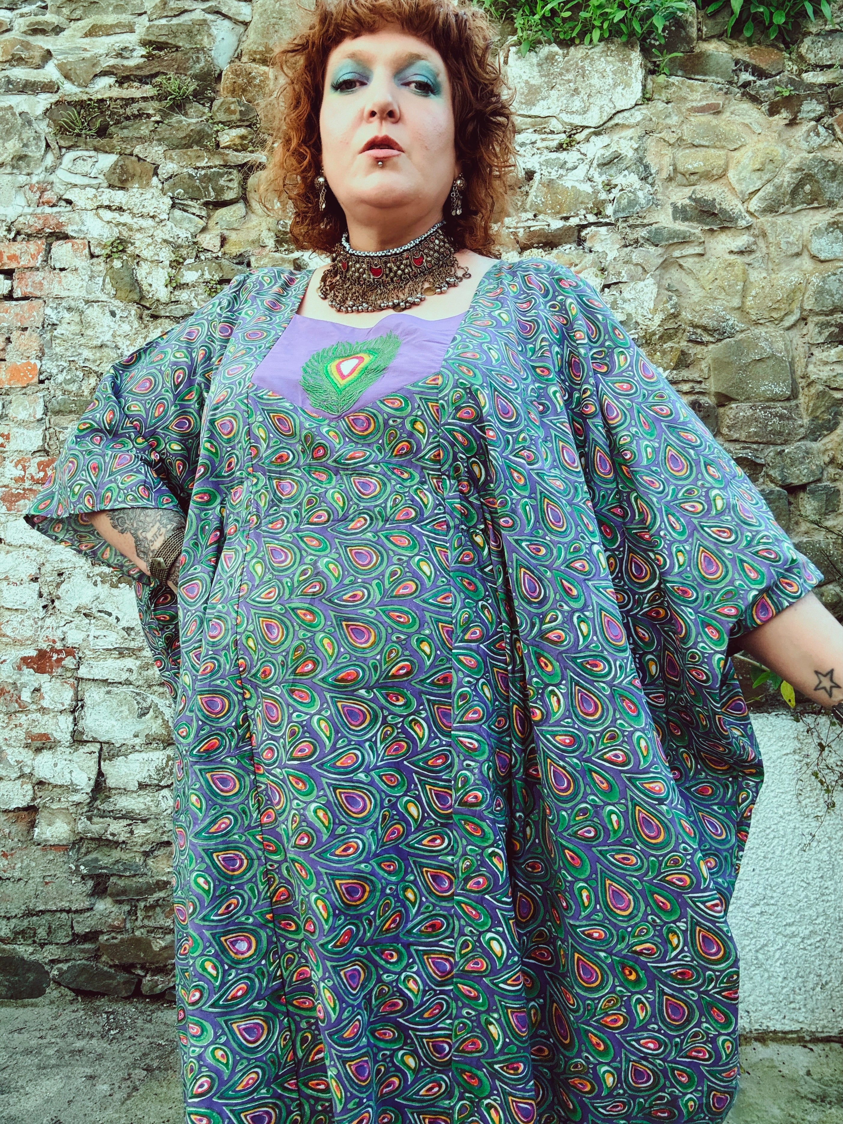 Peacock Maiden Block Print & Embroidered Kaftan
