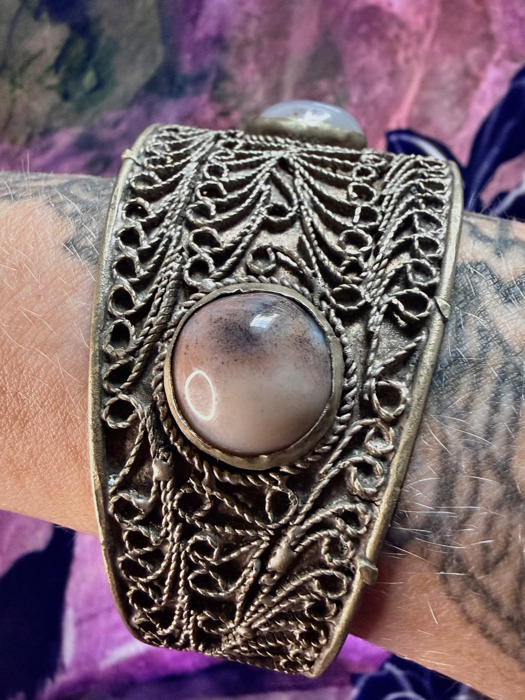 Vintage Yemeni Filigree Cuff Bracelet with Agate Stones