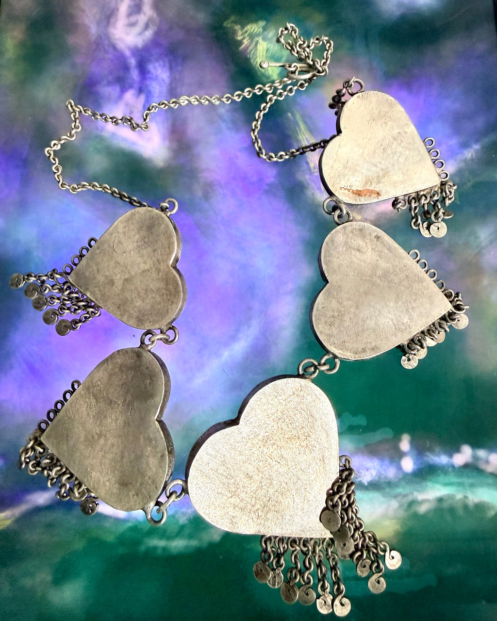 Vintage Turkmen Silver Heart Tribal Asyk Statement Necklace