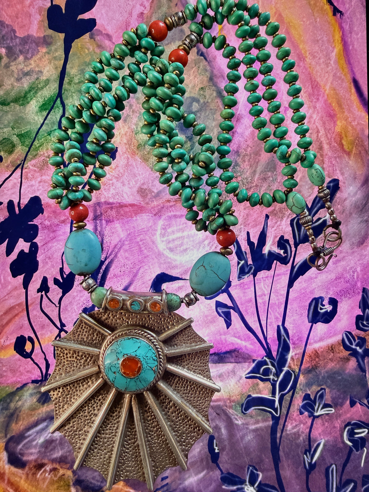 Vintage Himalayan Hand-Hammered Sunburst Necklace-Genuine Green Turquoise & Natural Coral
